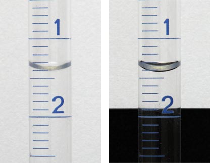 reading volume on the burette or pipette